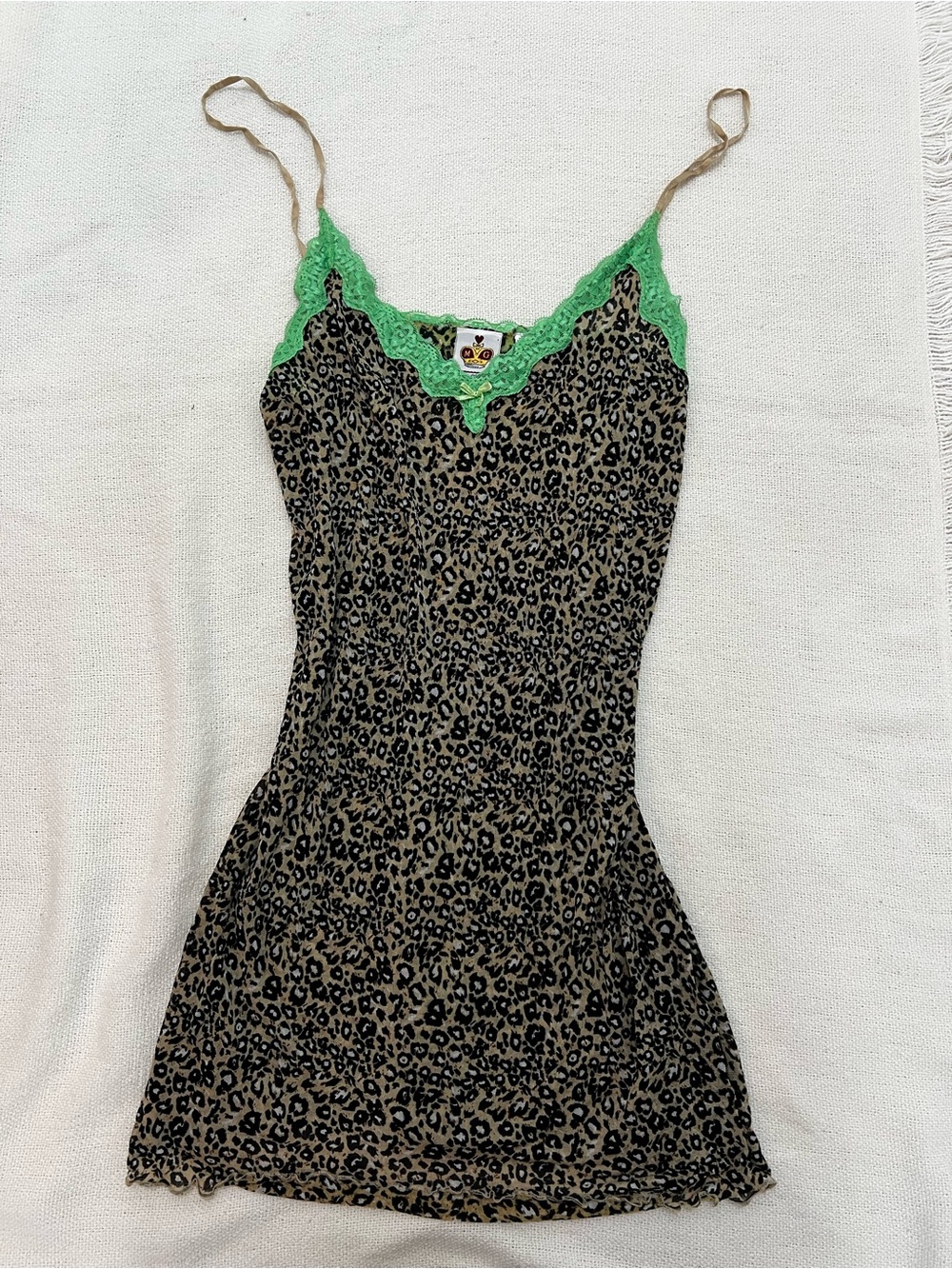 Vintage Leopard Print Chemise with Bright Green Lace Trim